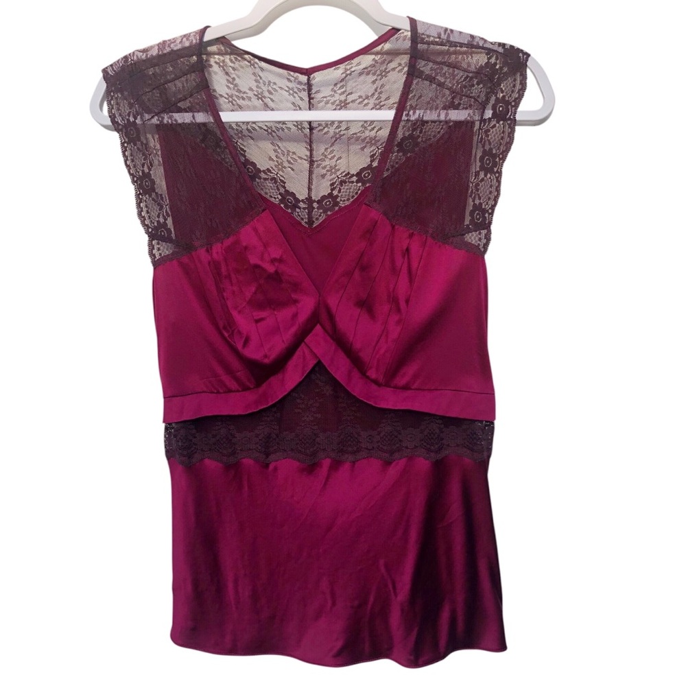 Vintage Merlot burgundy SILK  Moda  International top lace trim top